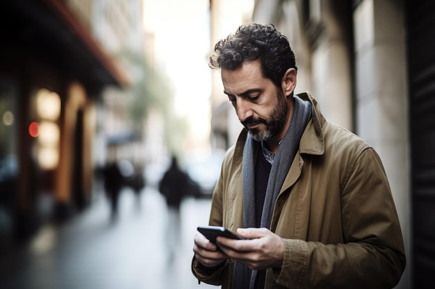 Foto de um homem usando seu celular para enviar mensagens de texto criadas com IA generativa