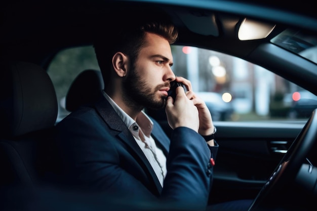 Foto de um homem usando seu smartphone para fazer uma ligação enquanto está em seu carro criado com IA generativa