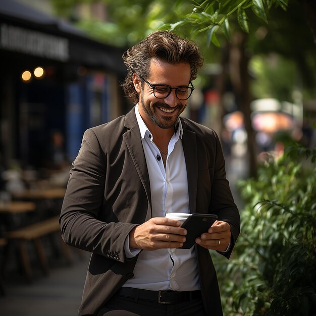 Foto de um homem vestindo uma camiseta branca sorrindo olhando para a tela de um celular em um parque