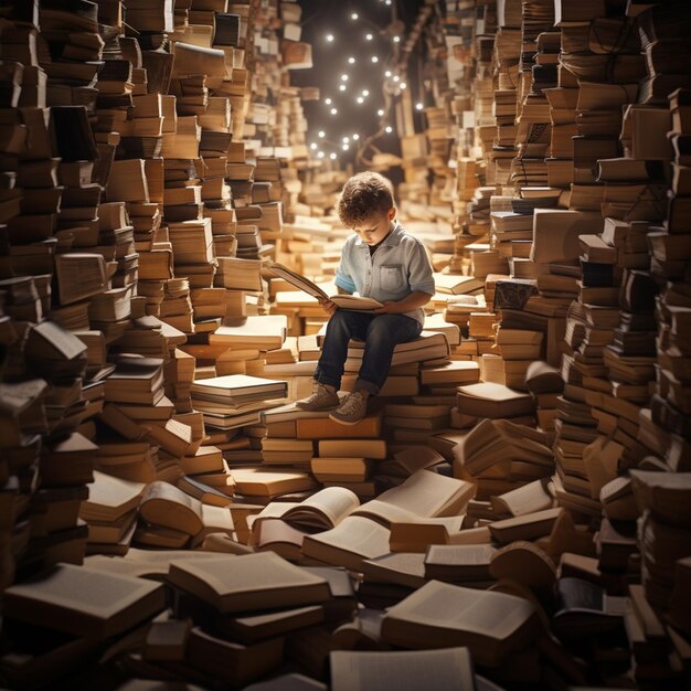 Foto foto de um homenzinho lendo entre grandes livros e livros didáticos ganhando efeito de escala