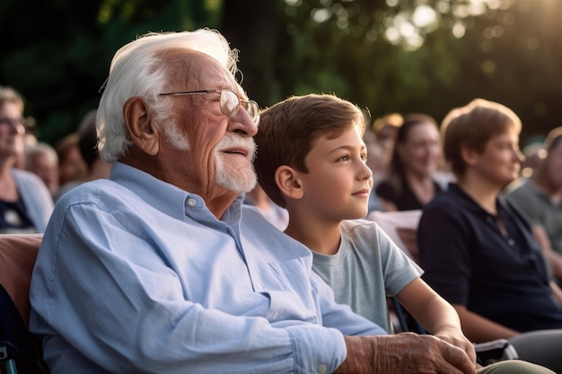 Foto de um idoso e seu neto em uma exibição ao ar livre criada com IA generativa