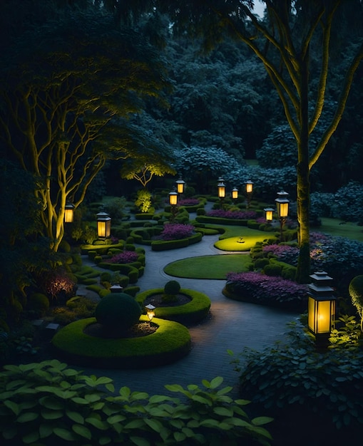 Foto de um jardim luxuoso à noite com um caminho iluminado por lanternas