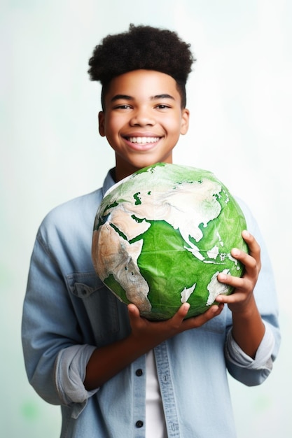 Foto de um jovem ambientalista segurando um globo criado com IA generativa