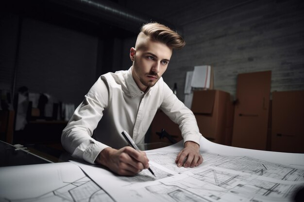 Foto de um jovem arquiteto trabalhando em uma prancheta