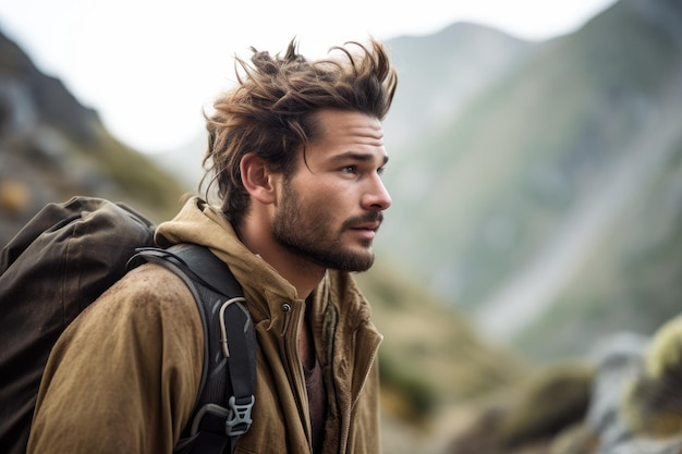 Foto de um jovem bonito caminhando nas montanhas criadas com ai generativa