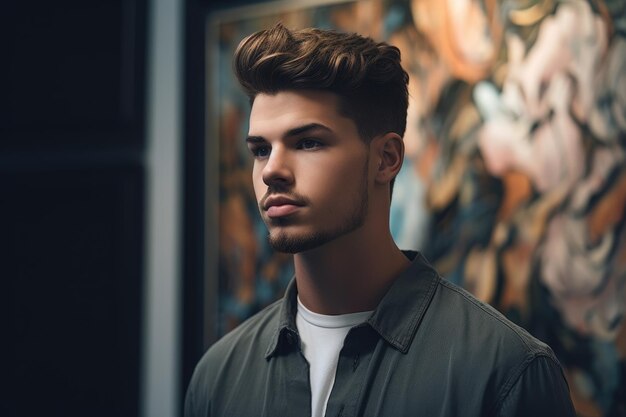 Foto de um jovem bonito em frente a uma exposição de arte