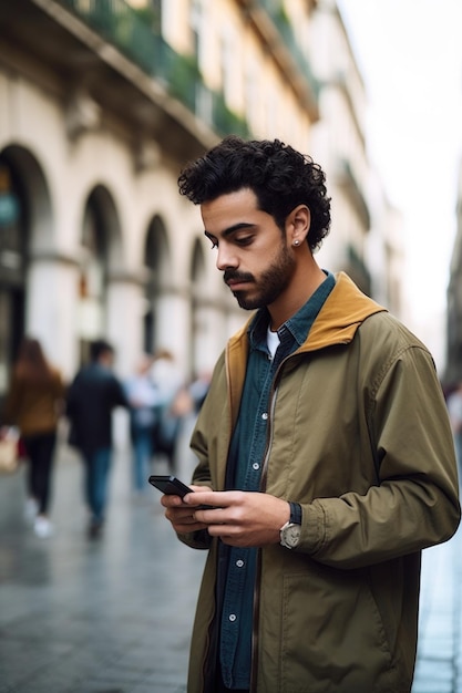 Foto de um jovem bonito enviando uma mensagem de texto enquanto viajava pela cidade