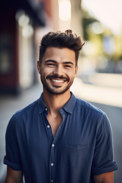 foto de um jovem bonito parecendo feliz enquanto estava do lado de fora, criada com IA generativa