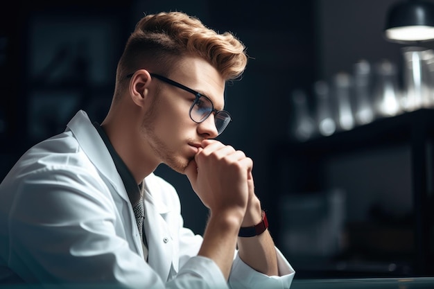 Foto de um jovem bonito pensando enquanto trabalhava no laboratório criado com IA generativa