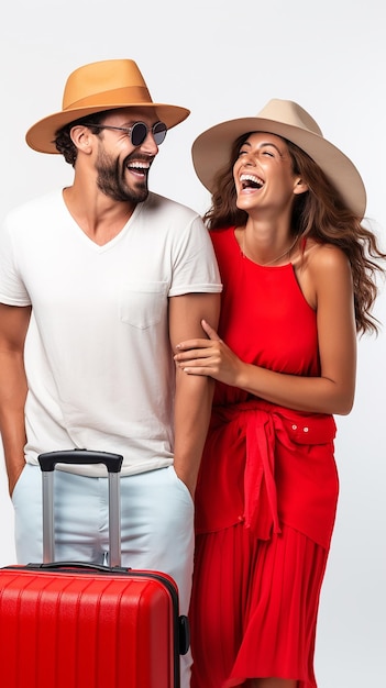 Foto de um jovem casal adorável se preparando para viajar com sua bagagem