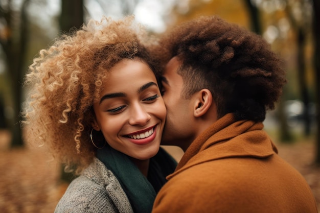 Foto de um jovem casal afetuoso se abraçando em um parque criado com IA generativa