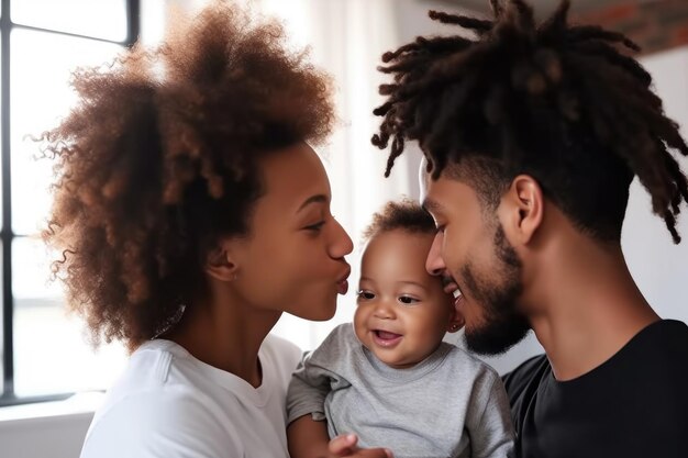 Foto de um jovem casal afetuoso se relacionando com seu bebê em casa, criado com IA generativa