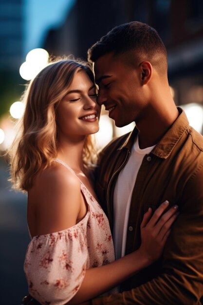 Foto de um jovem casal atraente sendo afetuoso durante um encontro pela cidade