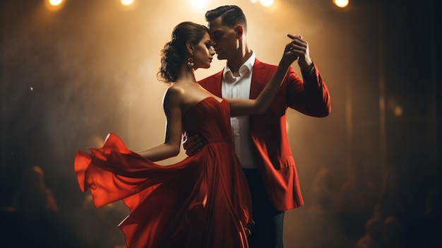 Foto de um jovem casal de dança de salão de baile em vestido dourado dançando em pose sensual gerada por IA