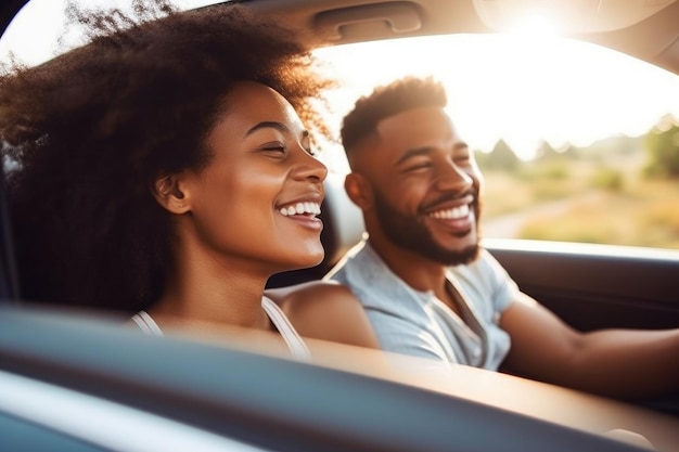 Foto de um jovem casal desfrutando de uma viagem criada com IA generativa