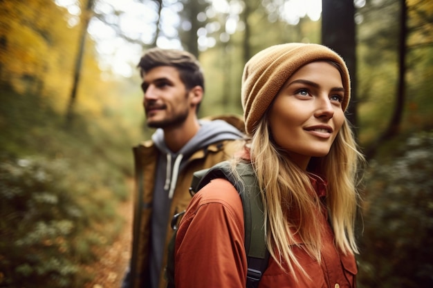 Foto de um jovem casal do lado de fora durante uma caminhada pela floresta criada com IA generativa