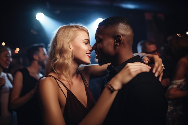 Foto de um jovem casal feliz dançando na pista de dança em uma boate criada com IA generativa