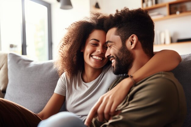 Foto de um jovem casal feliz passando um tempo juntos em casa criado com IA generativa