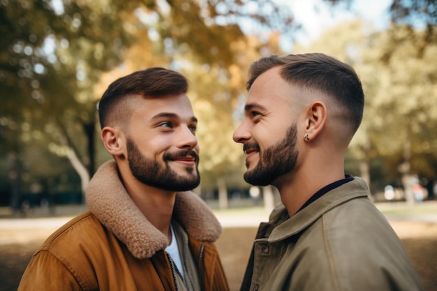 Foto foto de um jovem casal gay no parque
