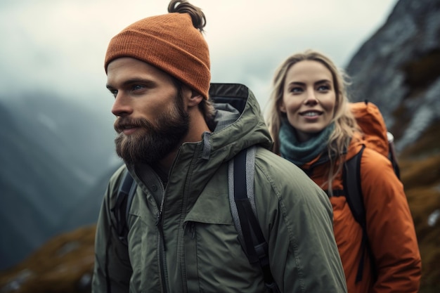 Foto de um jovem casal indo para uma caminhada nas montanhas criada com IA generativa