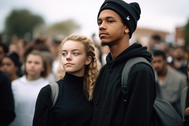 Foto de um jovem casal protestando em um comício criado com IA generativa