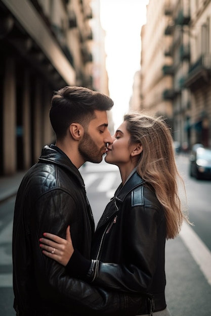 Foto de um jovem casal se beijando na cidade