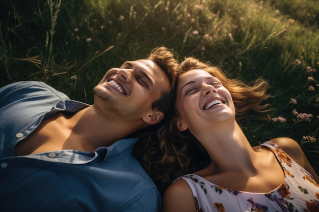 Foto de um jovem casal sorridente deitado na grama