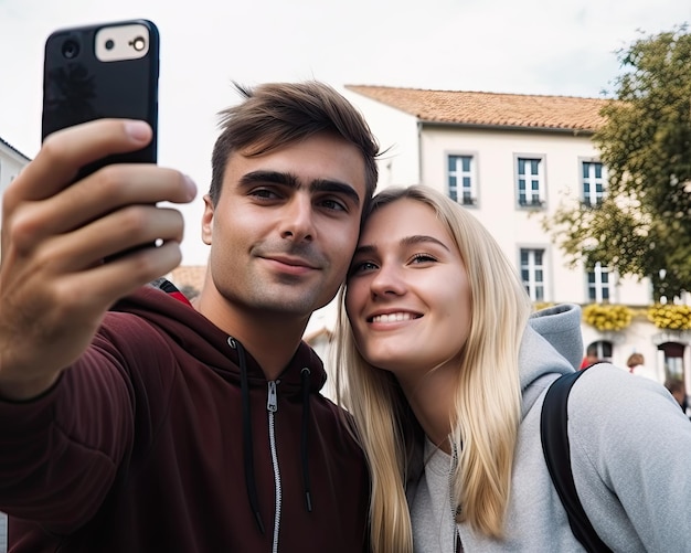 Foto de um jovem casal tirando uma selfie com um smartphone criado com a tecnologia Generative AI