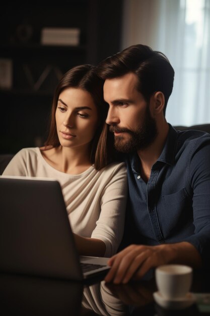 Foto foto de um jovem casal usando um laptop e cartão de crédito online criado com ia generativa