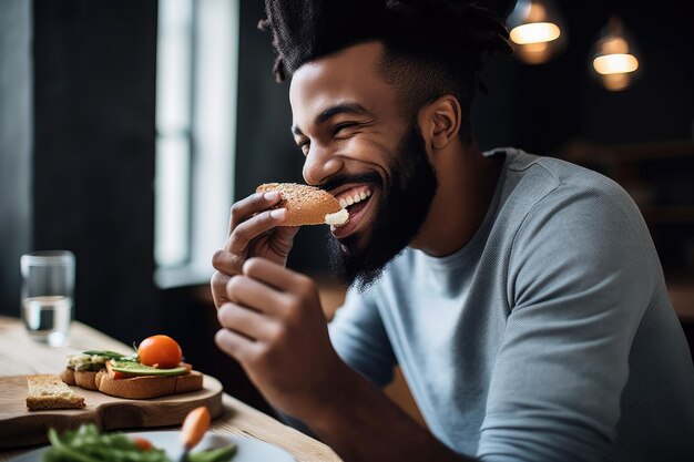 Foto de um jovem desfrutando de uma comida saudável criada com IA generativa