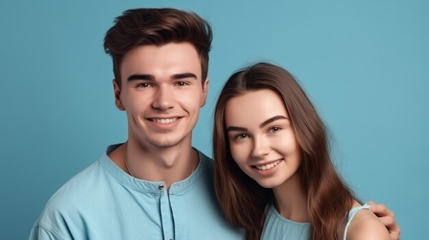 Foto de um jovem e bonito homem e mulher caucasianos sorrindo