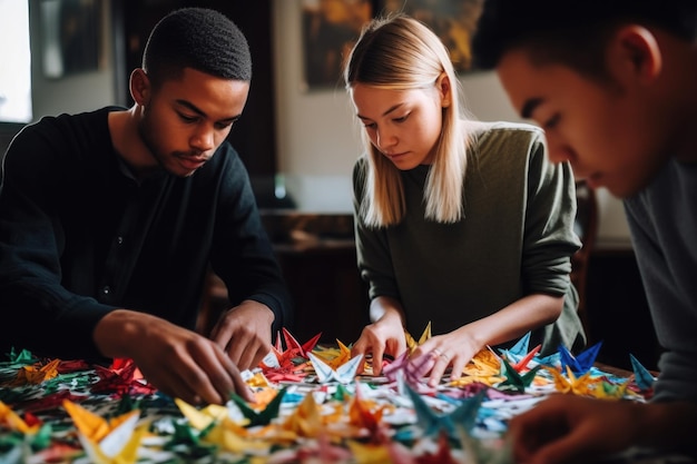 Foto de um jovem e uma mulher fazendo guindastes de papel durante uma oficina cultural