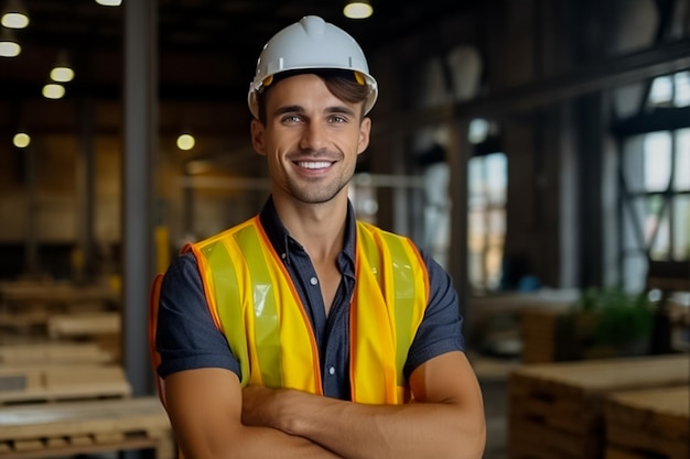 Foto de um jovem engenheiro bonito sorrindo com uniforme de operário gerado por IA