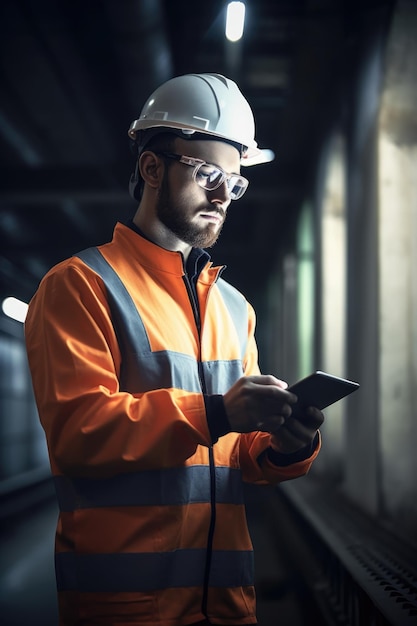 Foto de um jovem engenheiro usando seu tablet digital criado com IA generativa