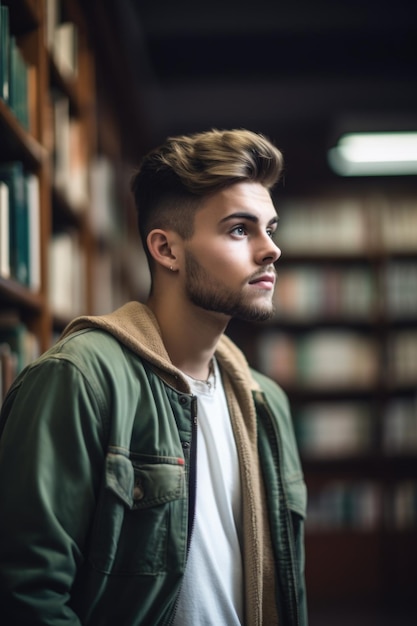 foto de um jovem estudante na biblioteca da universidade criada com IA generativa