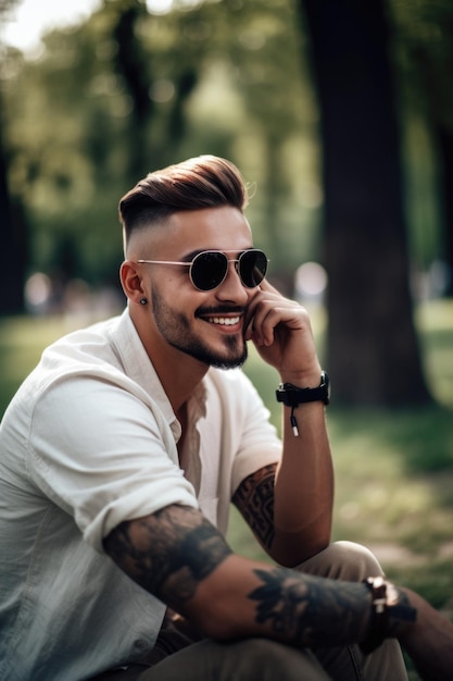 Foto de um jovem falando ao telefone enquanto relaxa no parque