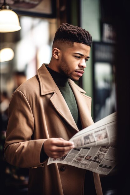 Foto de um jovem lendo o jornal enquanto navega em sua loja criada com IA generativa