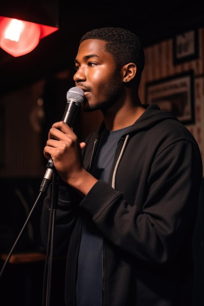 foto de um jovem recitando um poema durante um evento de microfone aberto criado com IA generativa