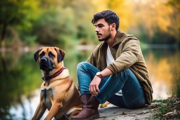 Foto de um jovem sentado na natureza com seu cachorro criado com IA generativa