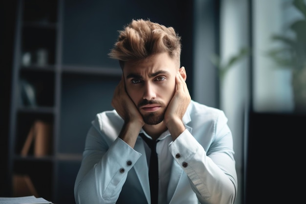 Foto de um jovem sentado sozinho em um escritório e parecendo estressado criado com IA generativa