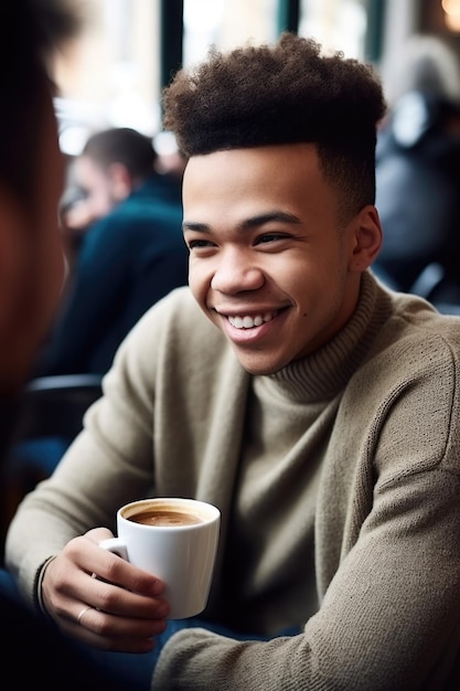 Foto de um jovem tomando café com amigos