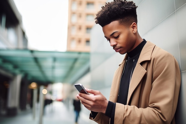 Foto de um jovem usando seu celular para fazer um pagamento na cidade criada com IA generativa