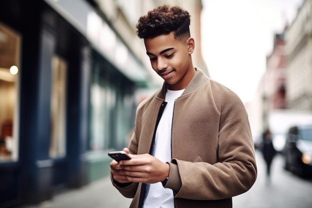 Foto de um jovem usando seu celular para fazer um pagamento na cidade criada com IA generativa