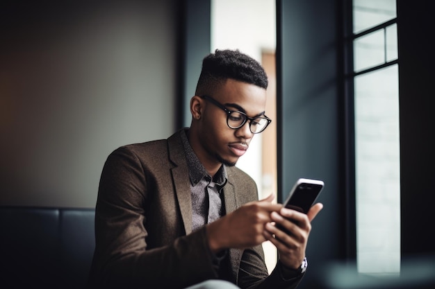 Foto de um jovem usando um celular e um laptop em casa criado com IA generativa