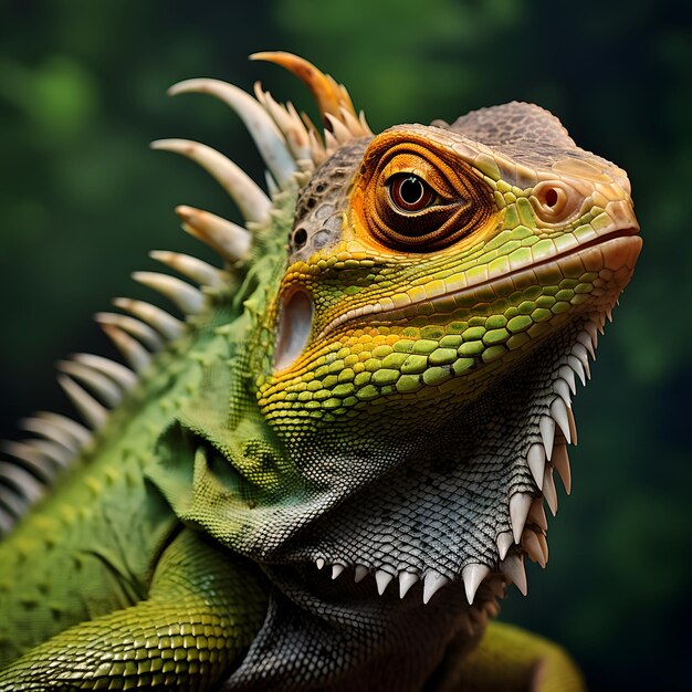 Foto de um lagarto verde e amarelo vibrante de perto