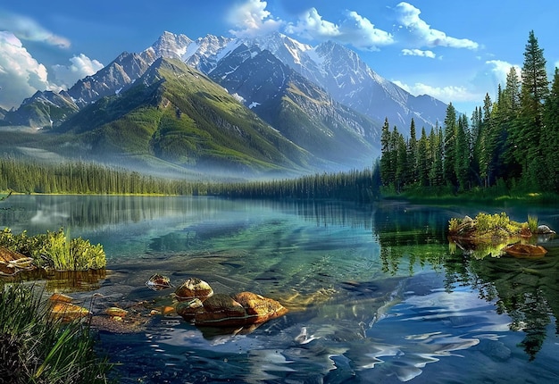 Foto de um lago com uma montanha no fundo, montanhas de neve, papéis de parede de montanha.