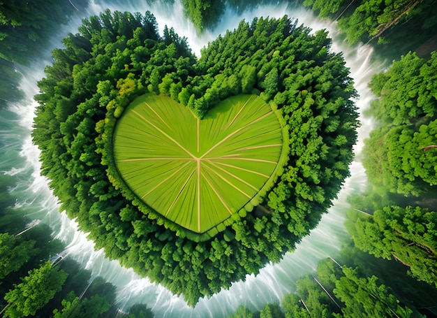 Foto de um lago na floresta em forma de coração