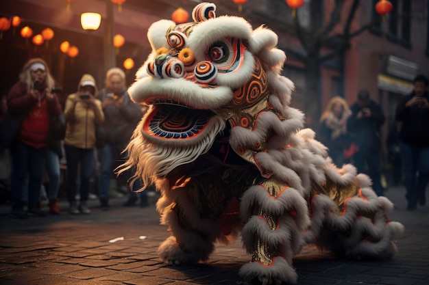 Foto de um leão chinês dançando na rua