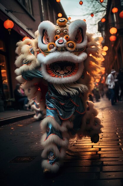 Foto de um leão chinês dançando na rua