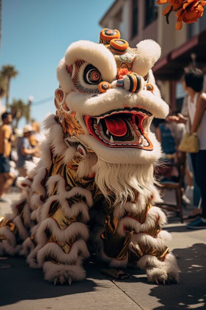 Foto de um leão chinês dançando na rua